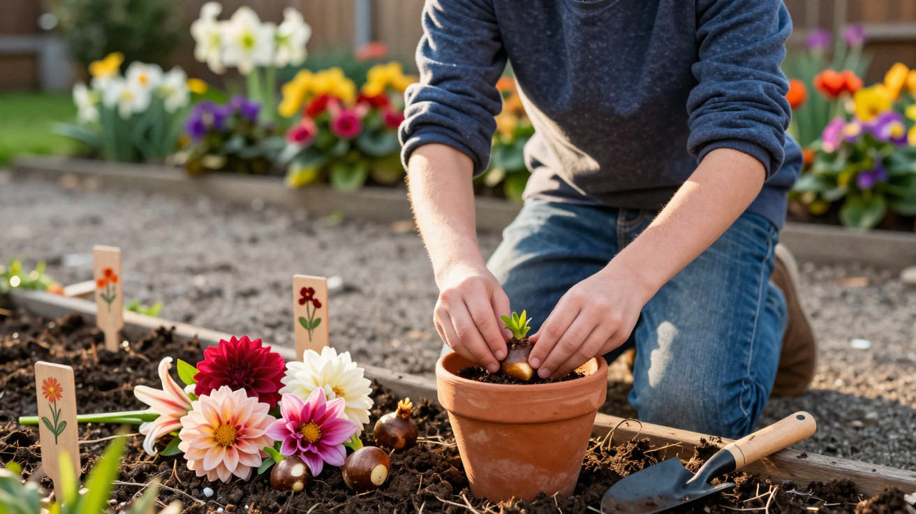 Person planting flower bulbs in a terracotta pot in a garden with colourful flowers in the background