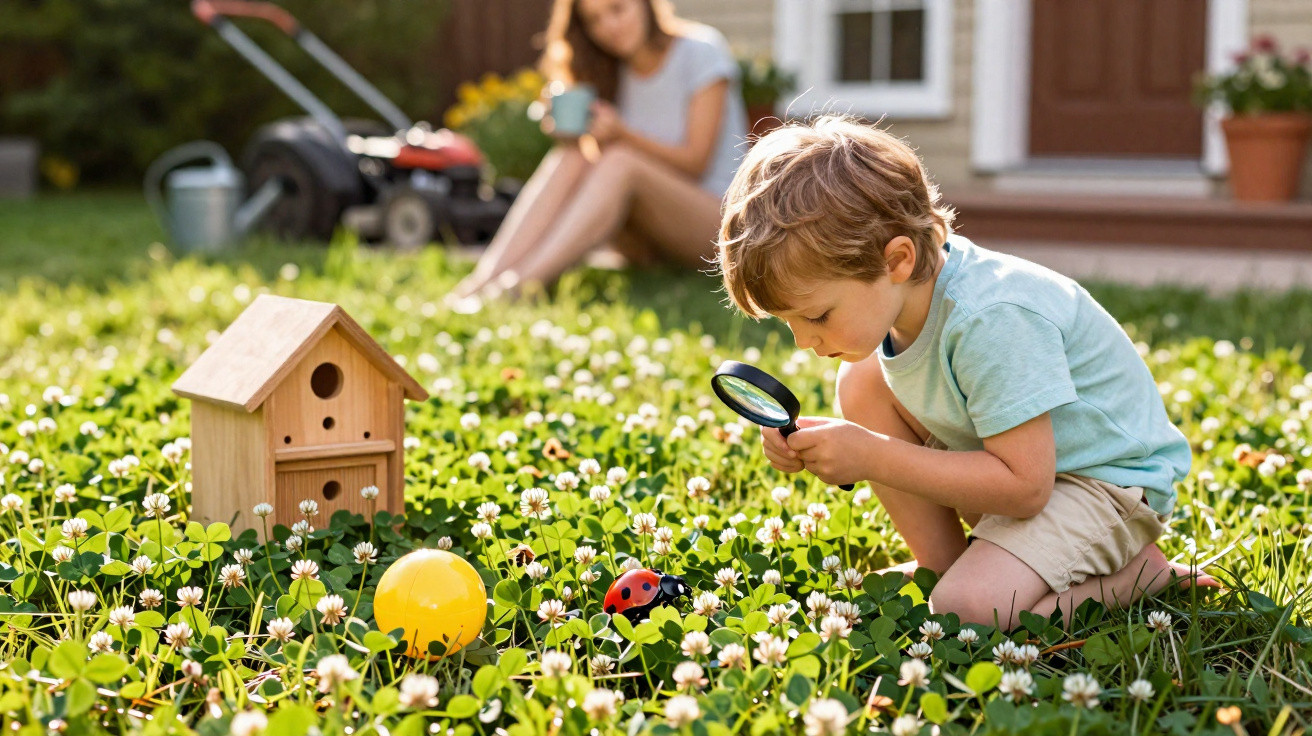 Young boy using magnifying glass to examine ladybird in garden with wooden birdhouse and woman in background