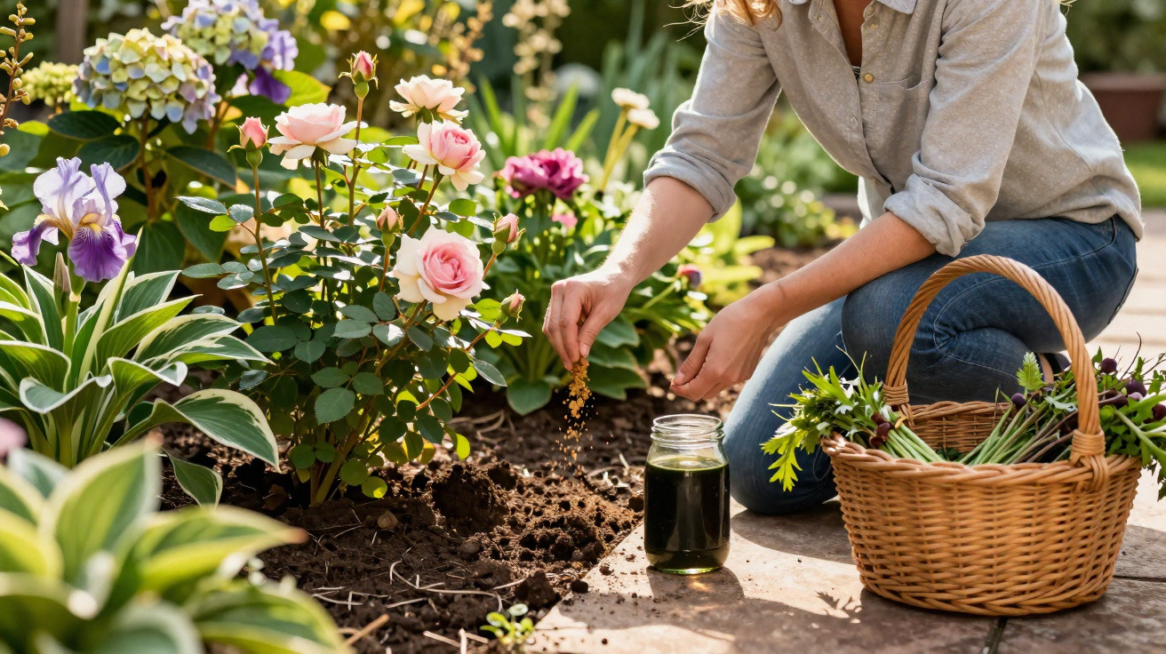 Person kneeling and planting seeds in a sunlit garden bed with roses and other blooming plants nearby.