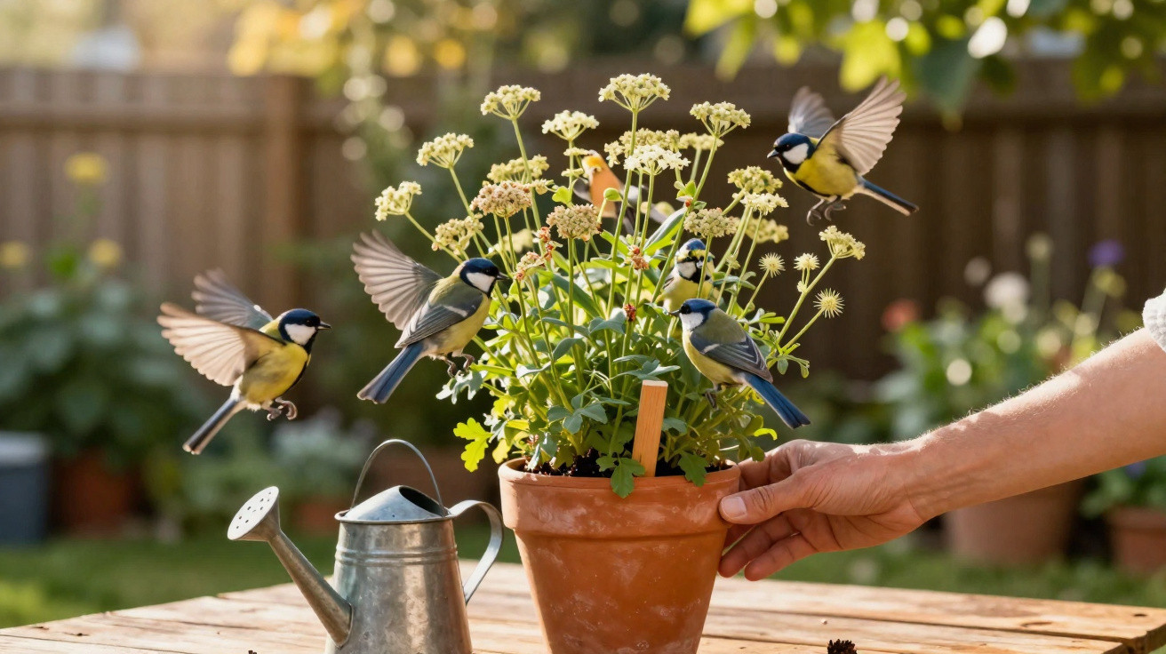 Four blue tits flying around a potted flowering plant on a wooden table in a garden.