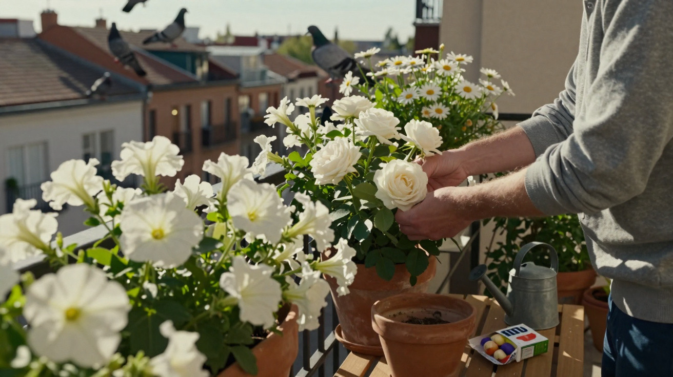 Person tending white roses and daisies on a balcony garden with potted flowers and watering can.
