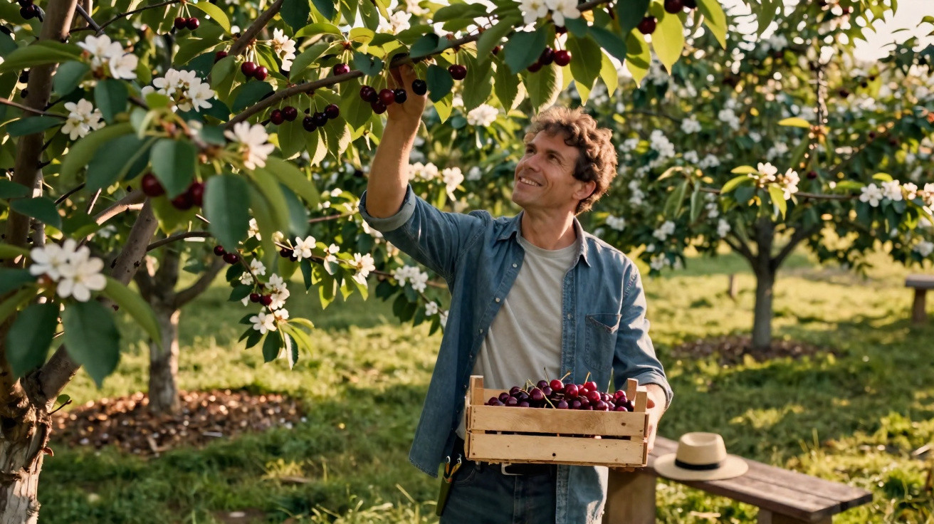Man in denim shirt picking ripe cherries from a blossoming tree in an orchard during daytime.
