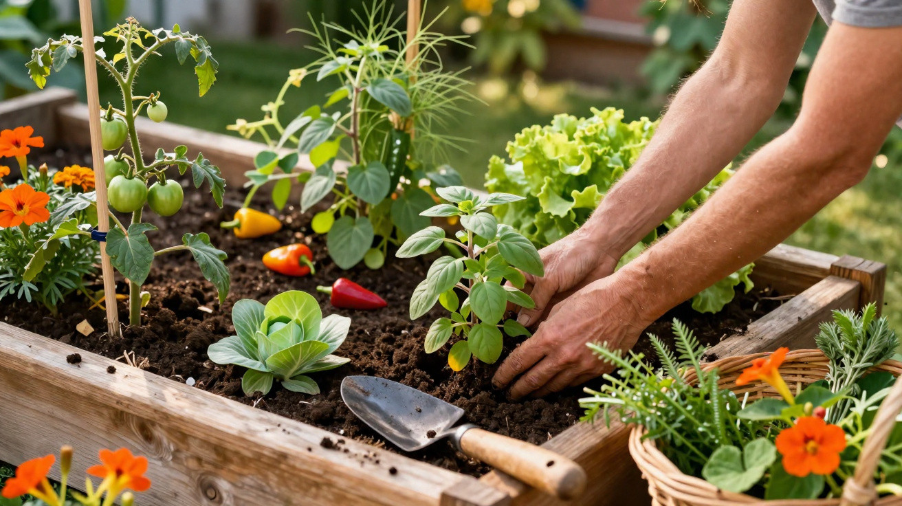 Person planting herbs in a raised wooden garden bed with vegetables and flowers.