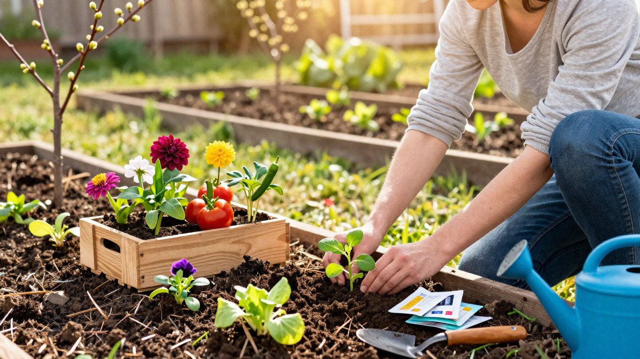 Person planting seedlings in a garden bed with flowers, seed packets, a trowel, and a blue watering can nearby.