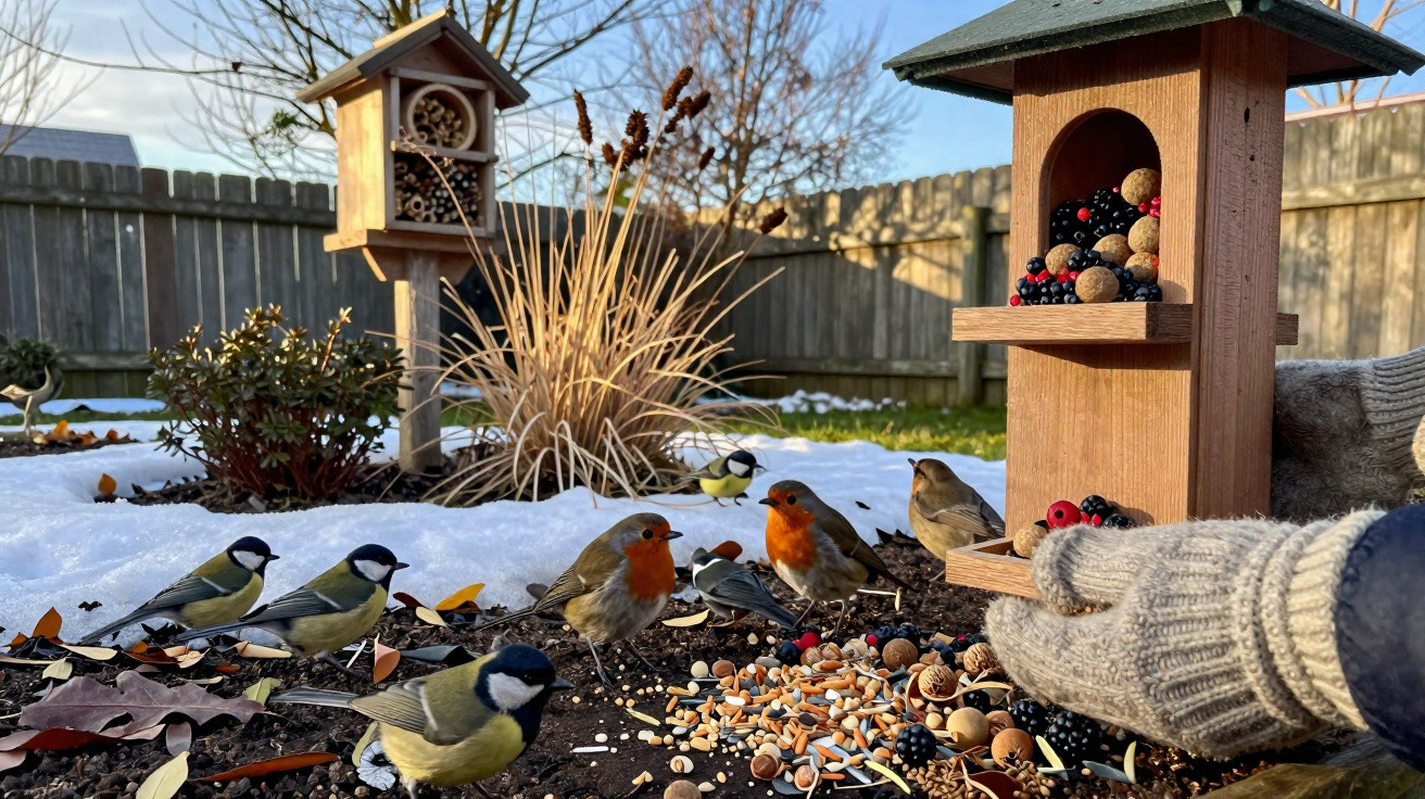 Various small birds feeding on scattered seeds near a wooden bird feeder in a snowy garden.