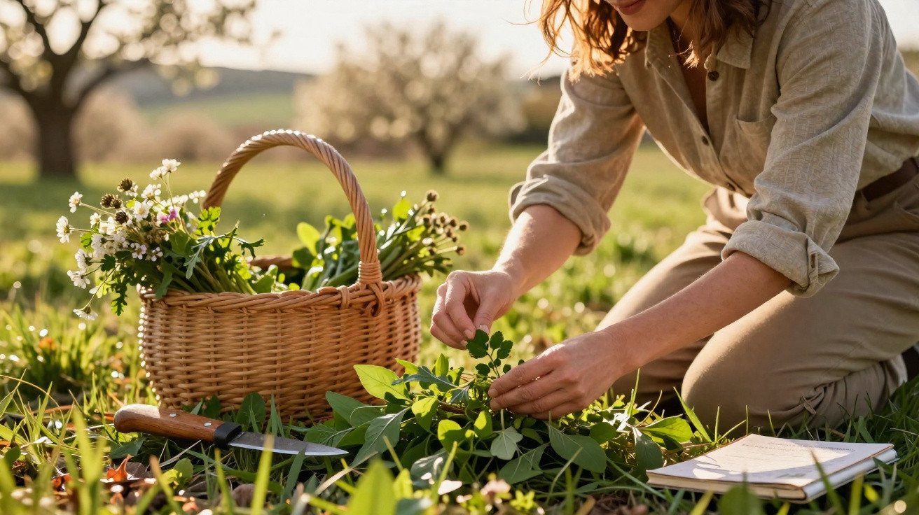 Person kneeling on grass, gathering fresh herbs into a wicker basket with a notebook and knife nearby.
