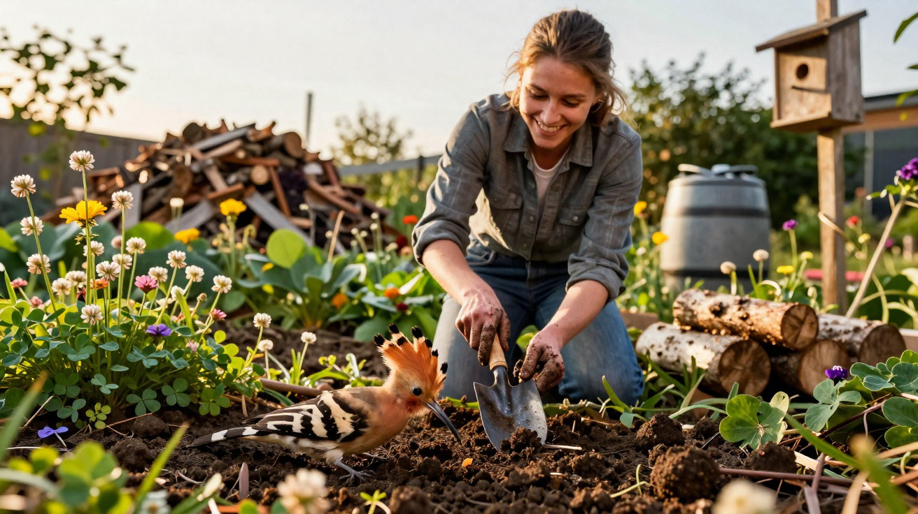 Woman gardening with trowel in flower bed while a colourful hoopoe bird stands nearby on soil.