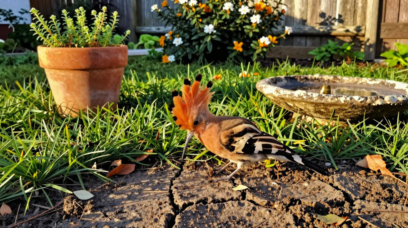 Hoopoe bird with distinctive orange crest foraging on dry cracked soil in a sunny garden setting.