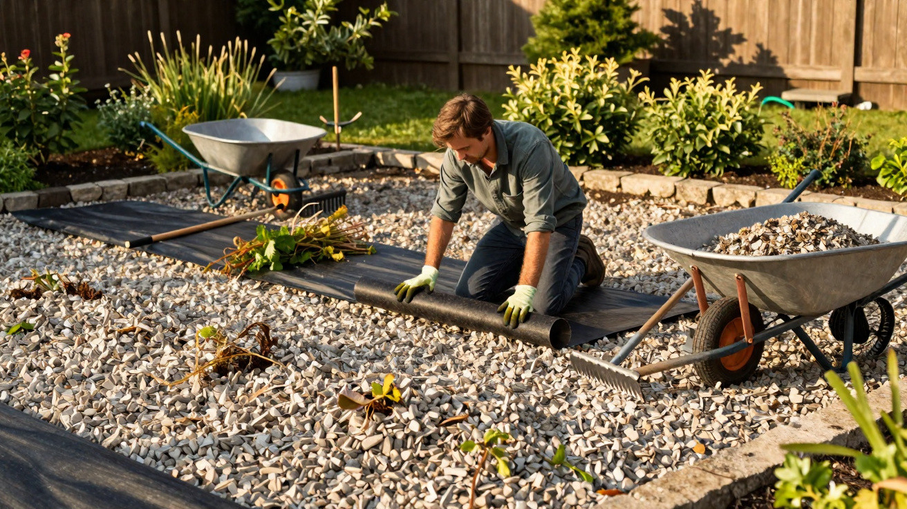 Man installing landscaping fabric on a gravel garden bed with wheelbarrows and plants nearby in daylight
