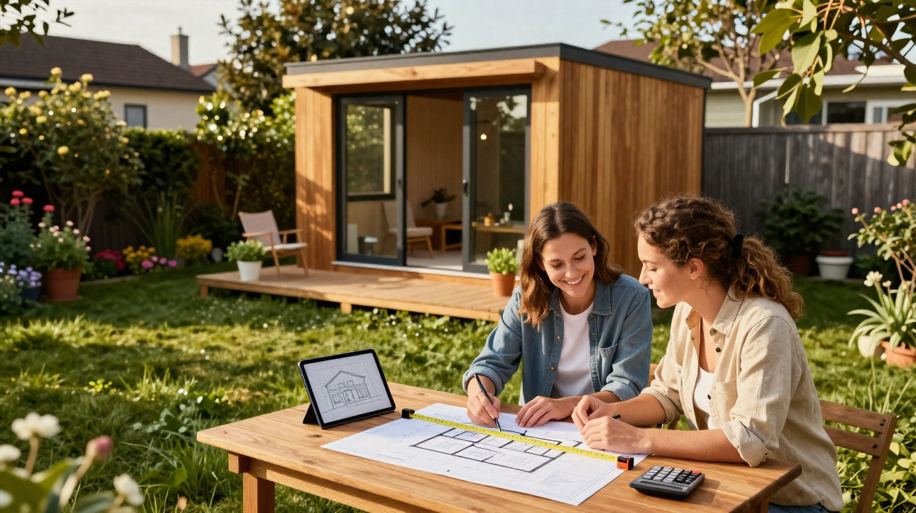 Two women working on architectural plans at a wooden table in a garden with a modern wood garden office.