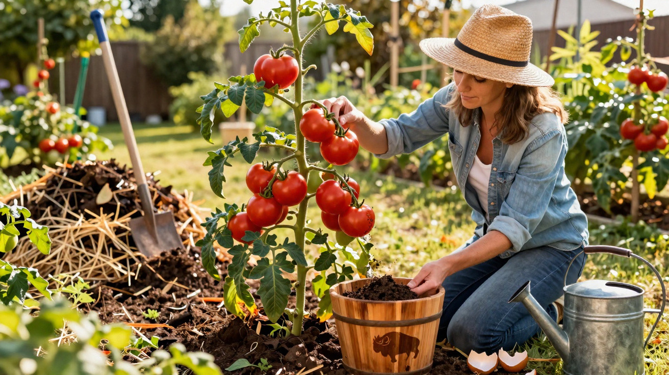 Woman wearing a straw hat harvesting ripe red tomatoes in a sunny garden with gardening tools nearby.