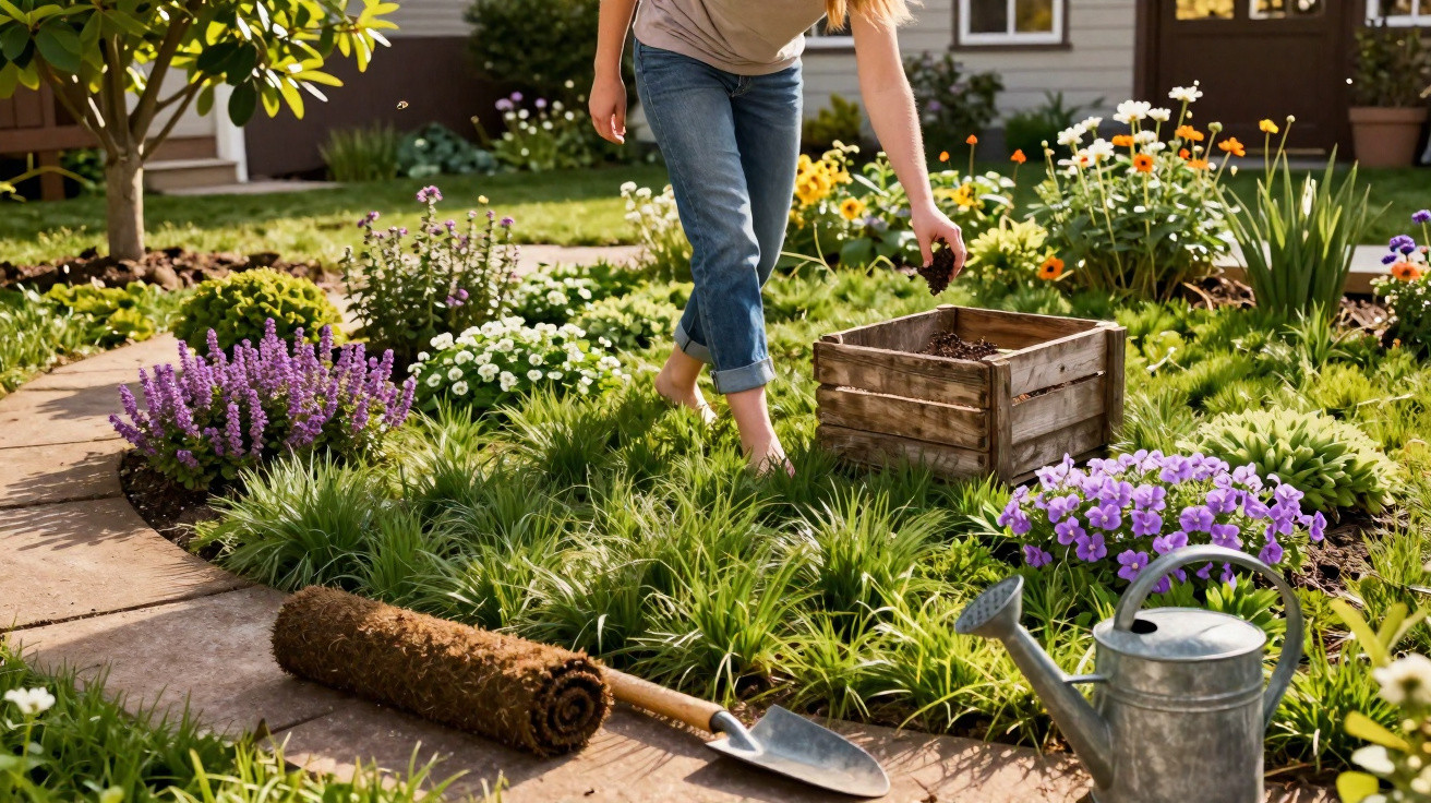 Person gardening in a colourful flower bed with wooden planter, watering can, and gardening tools nearby.