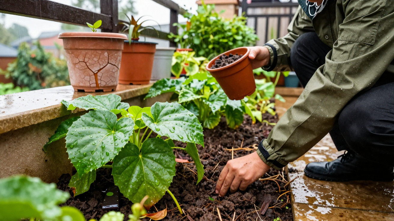 Person planting seedlings in soil on a rainy day with water droplets on large green leaves.