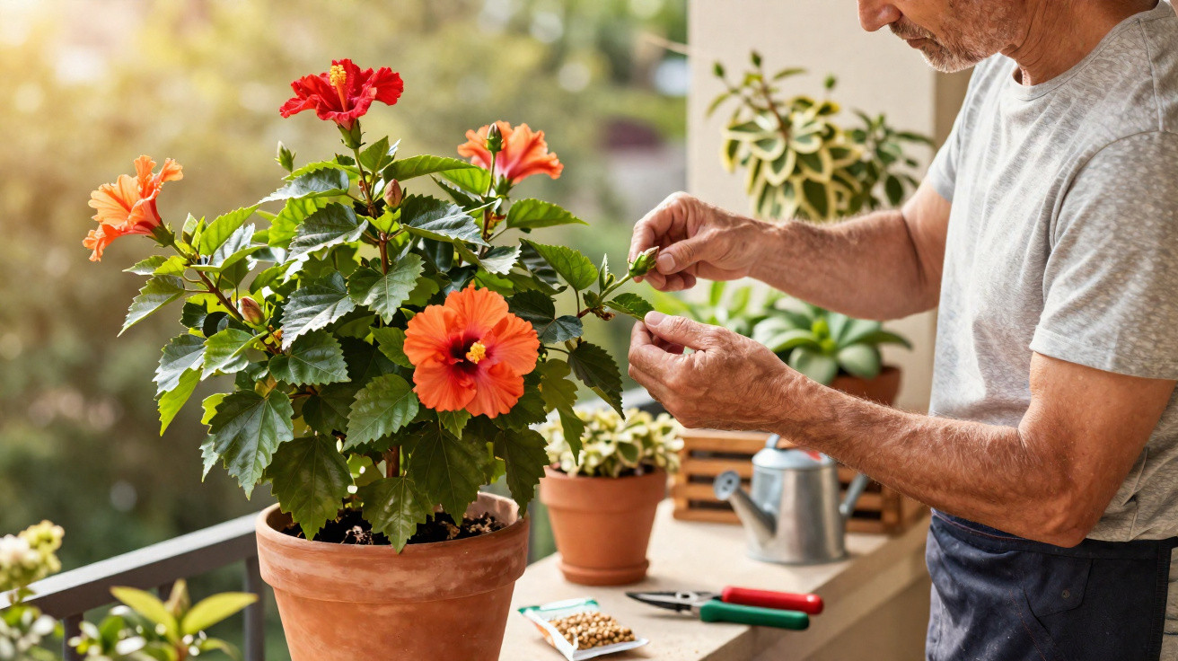 Man tending to vibrant red and orange hibiscus flowers in a terracotta pot on a balcony garden.