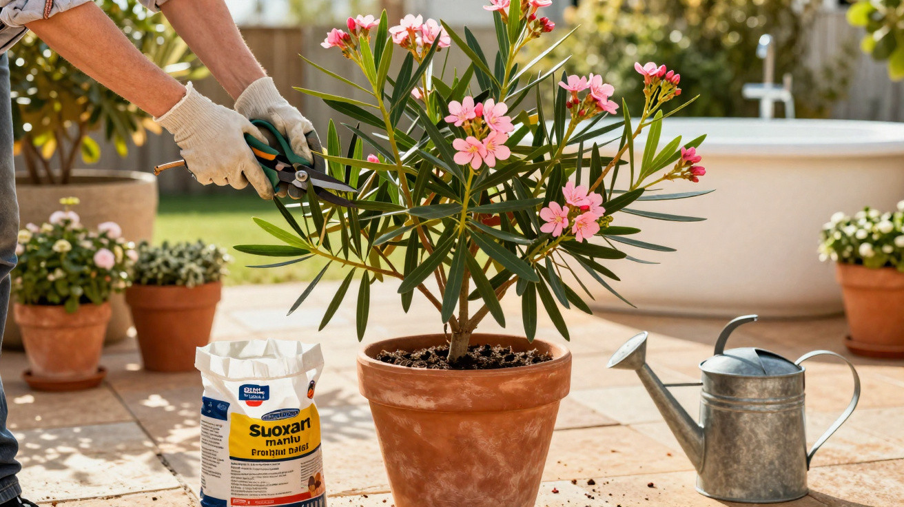 Person pruning pink oleander plant in terracotta pot on sunny garden patio with fertiliser and watering can nearby