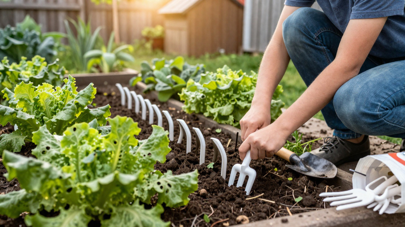 Person planting seedlings in a garden bed with leafy greens growing nearby, using small garden forks.
