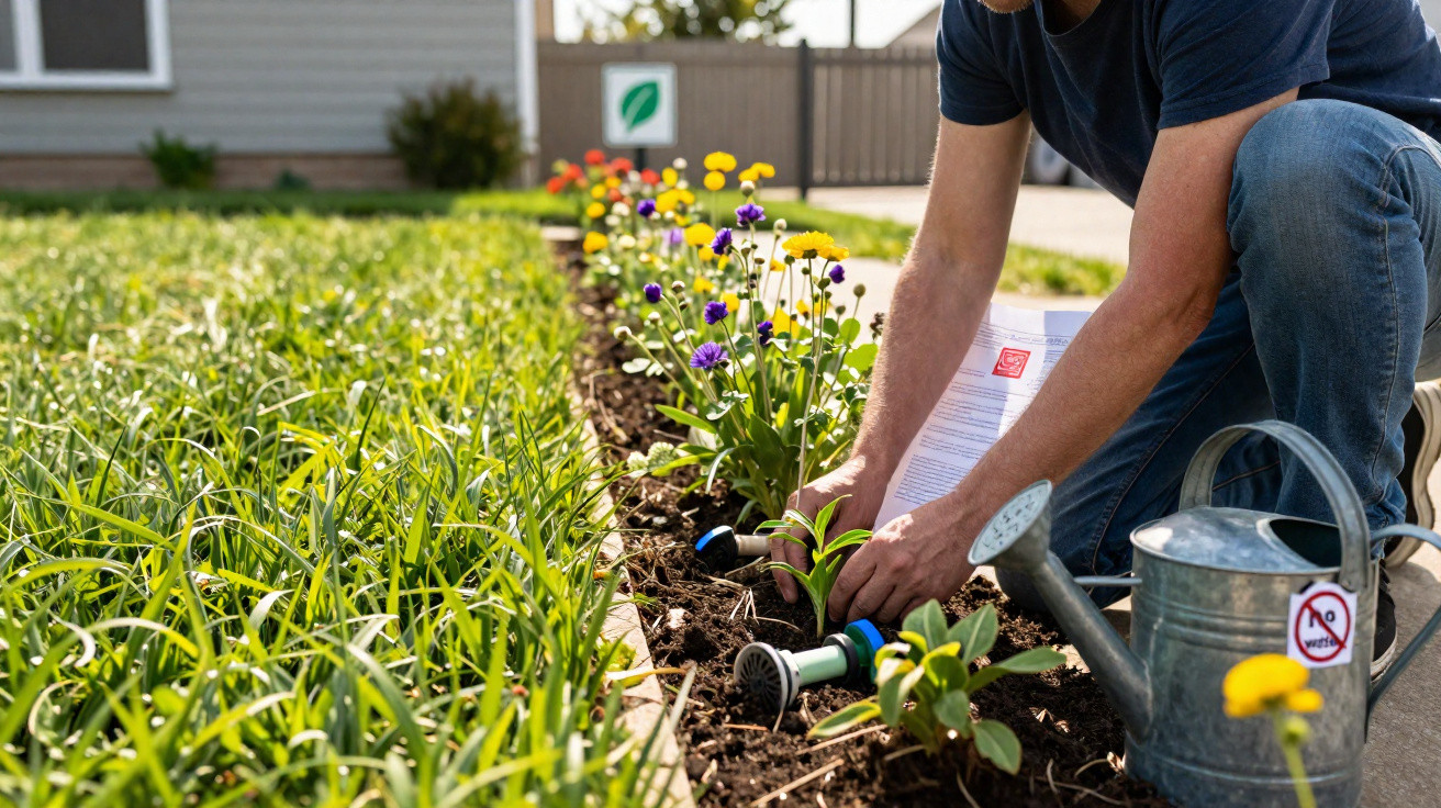 Person kneeling and planting flowers in a garden bed next to a watering can on a sunny day.