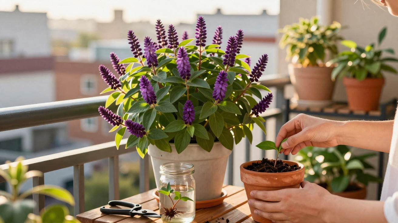 Person transplanting a small seedling into a terracotta pot on a balcony with flowering plants and gardening tools.