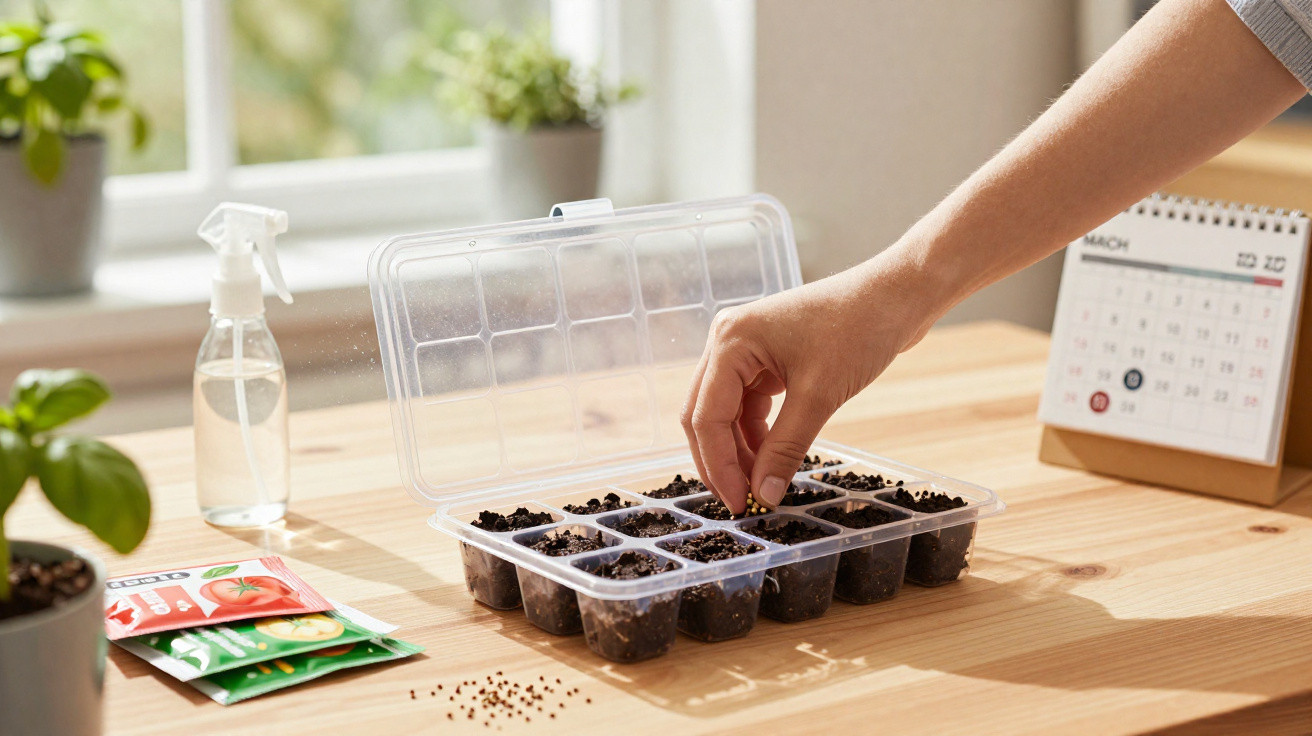 Hand placing seeds into soil in a seed tray on a wooden table with calendar and plant seeds nearby.