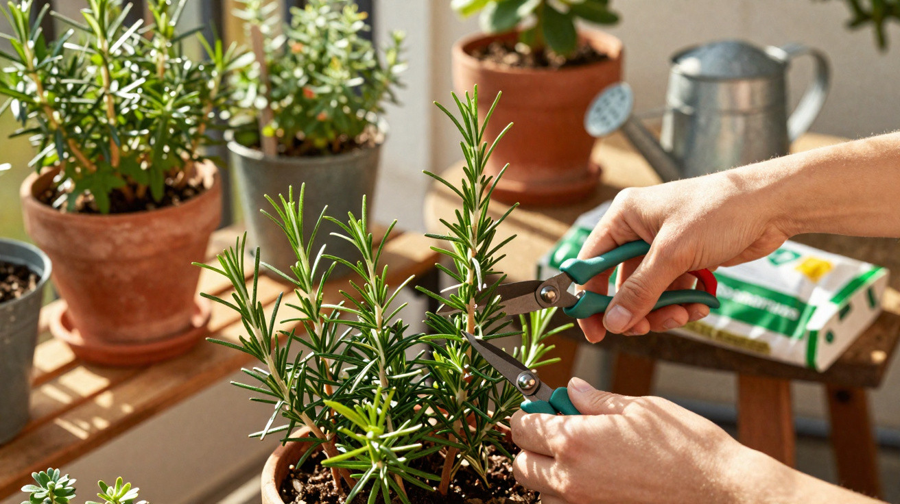 Person pruning green herb plant in terracotta pot indoors near sunlight and other potted plants on wooden surfaces.