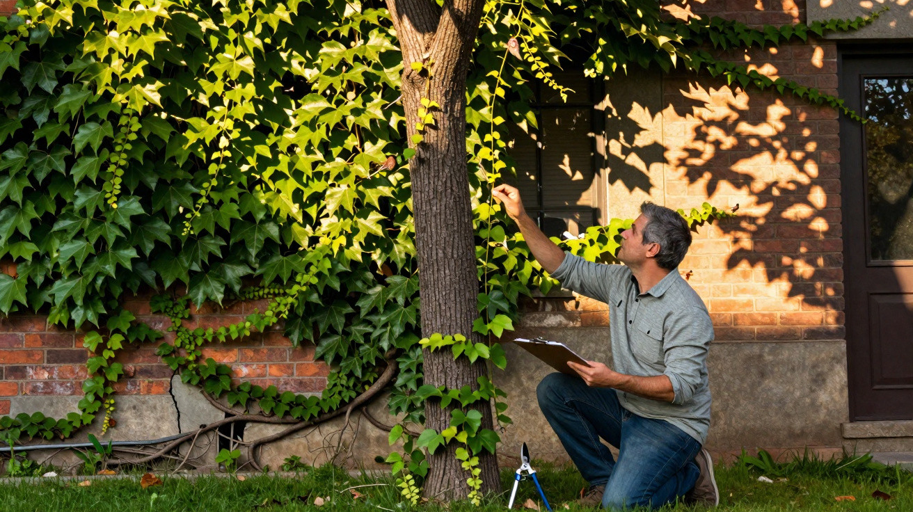 Man examining tree with clipboard and pruning shears near ivy-covered brick wall in garden.