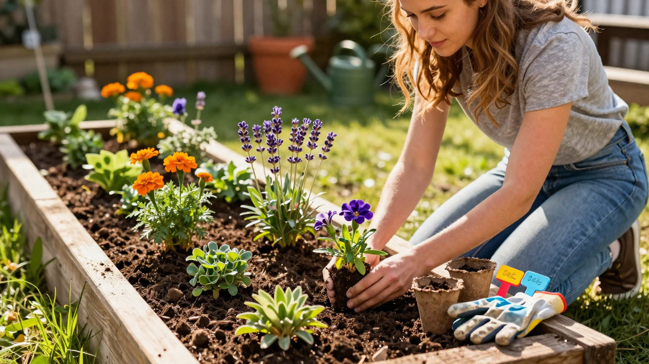 Woman planting purple flowers in a raised garden bed outdoors on a sunny day