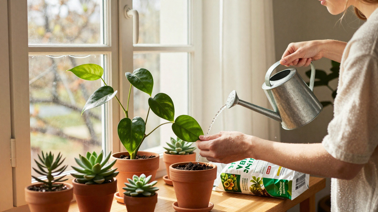 Person watering potted houseplants on a wooden table by a bright window using a metal watering can.