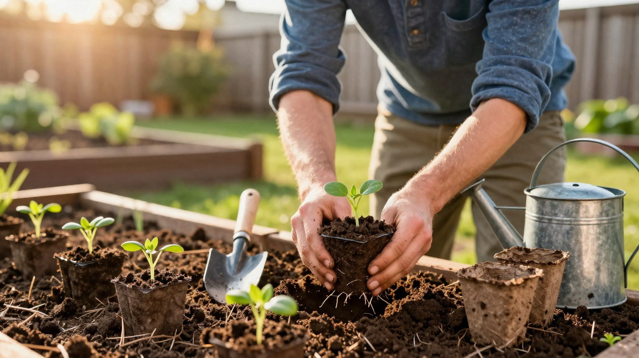 Person planting young seedling in soil with gardening tools and watering can in background outdoors.