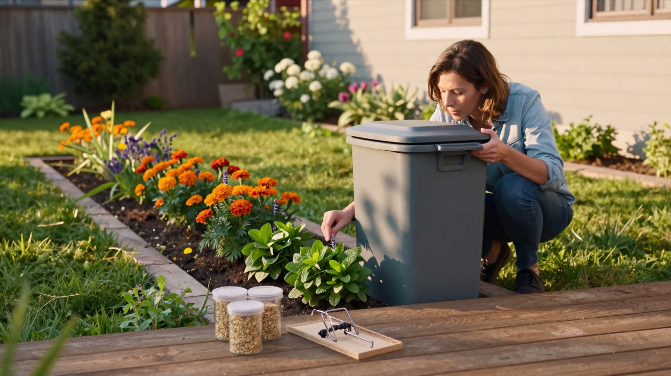 Woman crouching by a garden bed with flowers, holding a small object near a grey bin and a mouse trap nearby.