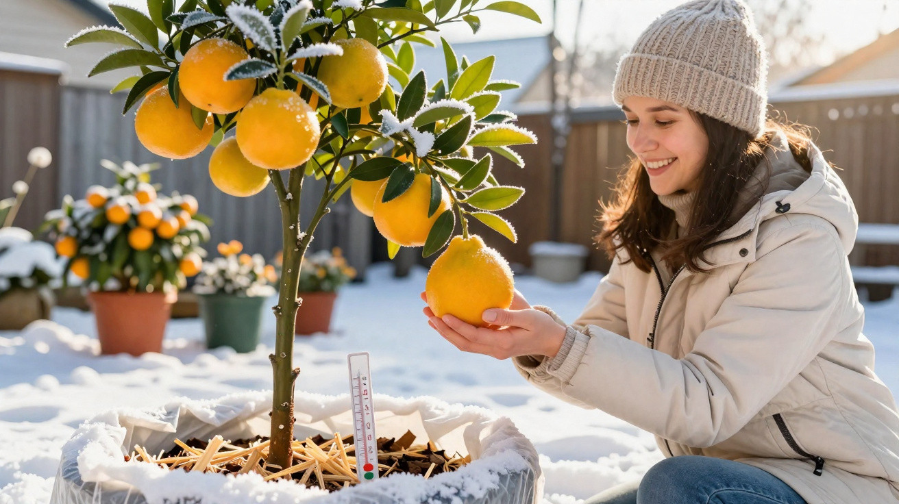 Woman in winter clothes holding a frosted orange from a small tree in a snow-covered garden.