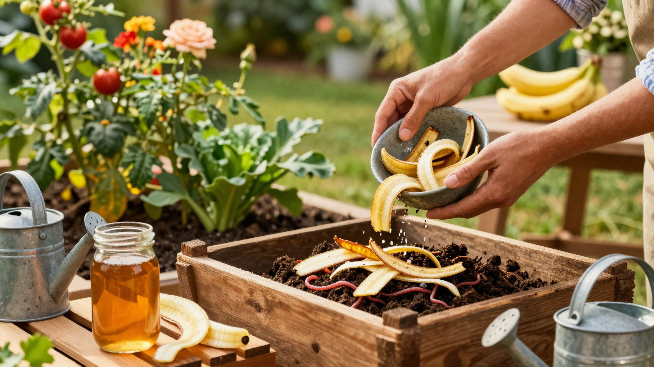 Person adding banana peels and organic matter to a wooden compost bin in a garden.