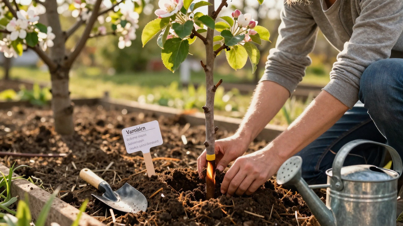 Person planting a young tree in a garden bed with gardening tools and a watering can nearby.