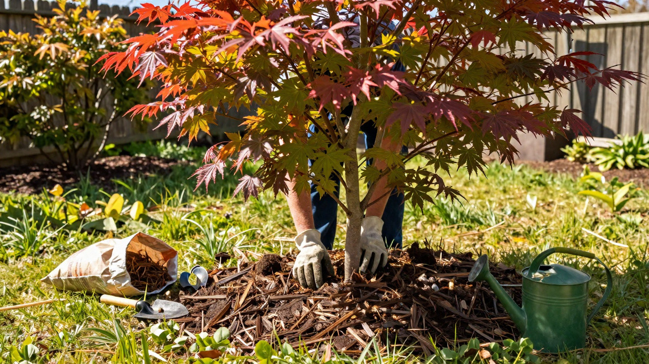 Person wearing gloves mulching around a young Japanese maple tree in a garden on a sunny day.