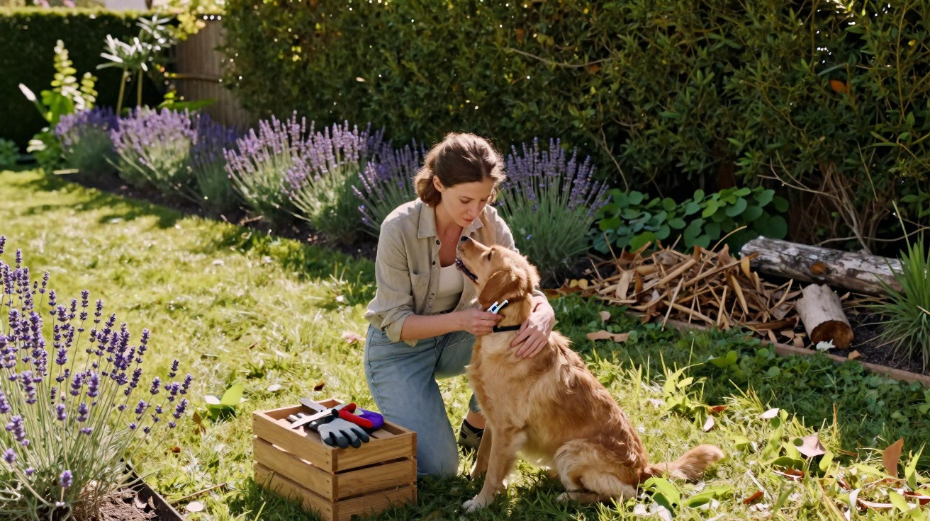 Woman kneeling in garden, lovingly hugging a golden retriever dog beside a wooden gardening box.