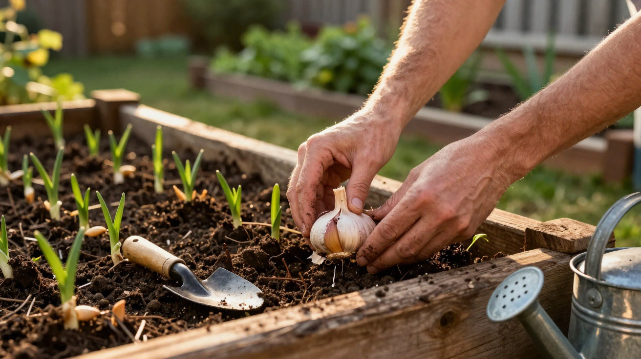 Hands planting a garlic bulb into soil in a wooden raised garden bed with a trowel and watering can nearby