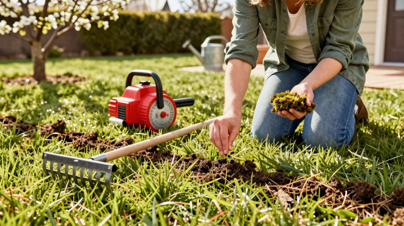 Person kneeling on grass planting seeds with gardening rake and leaf blower nearby in sunny backyard.