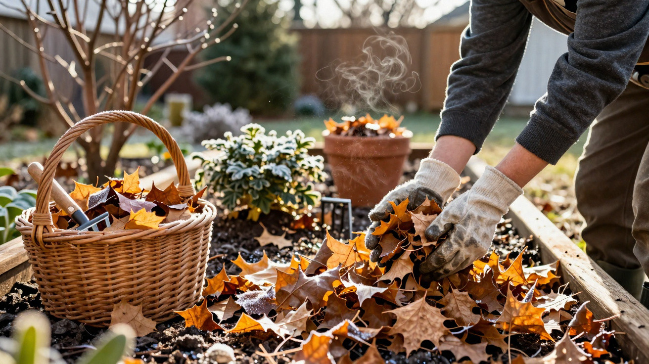 Person wearing gloves gathering autumn leaves in a garden bed next to a basket with gardening tools.