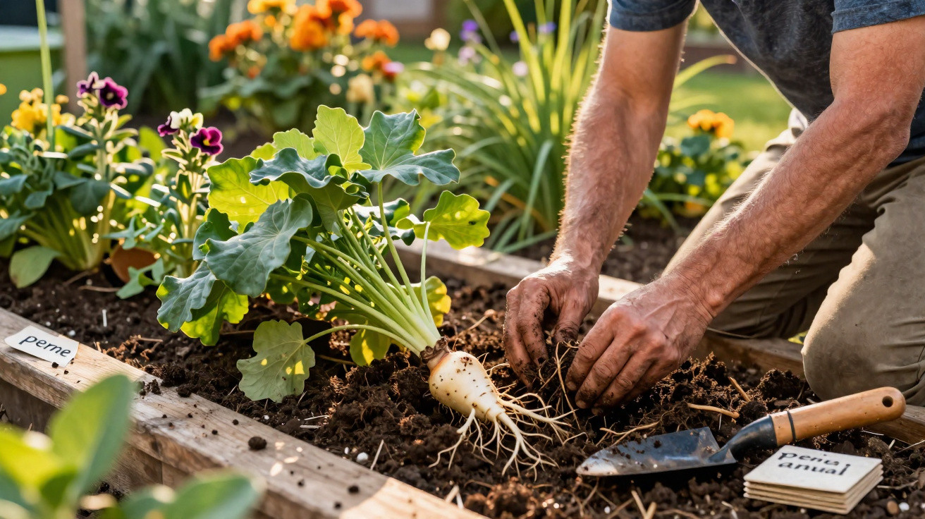 Person planting or harvesting a parsnip in a raised garden bed with flowering plants nearby.