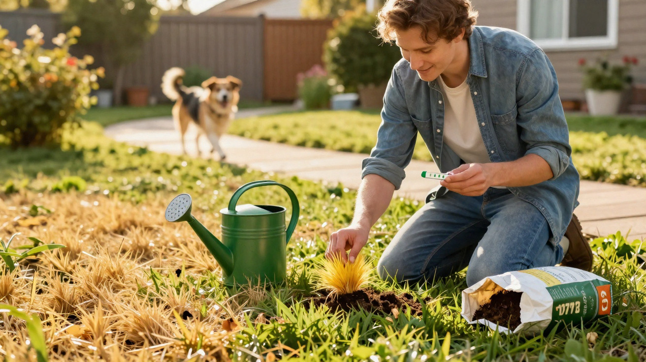 Man checking soil with a meter while gardening in a sunlit backyard with a dog in the background.