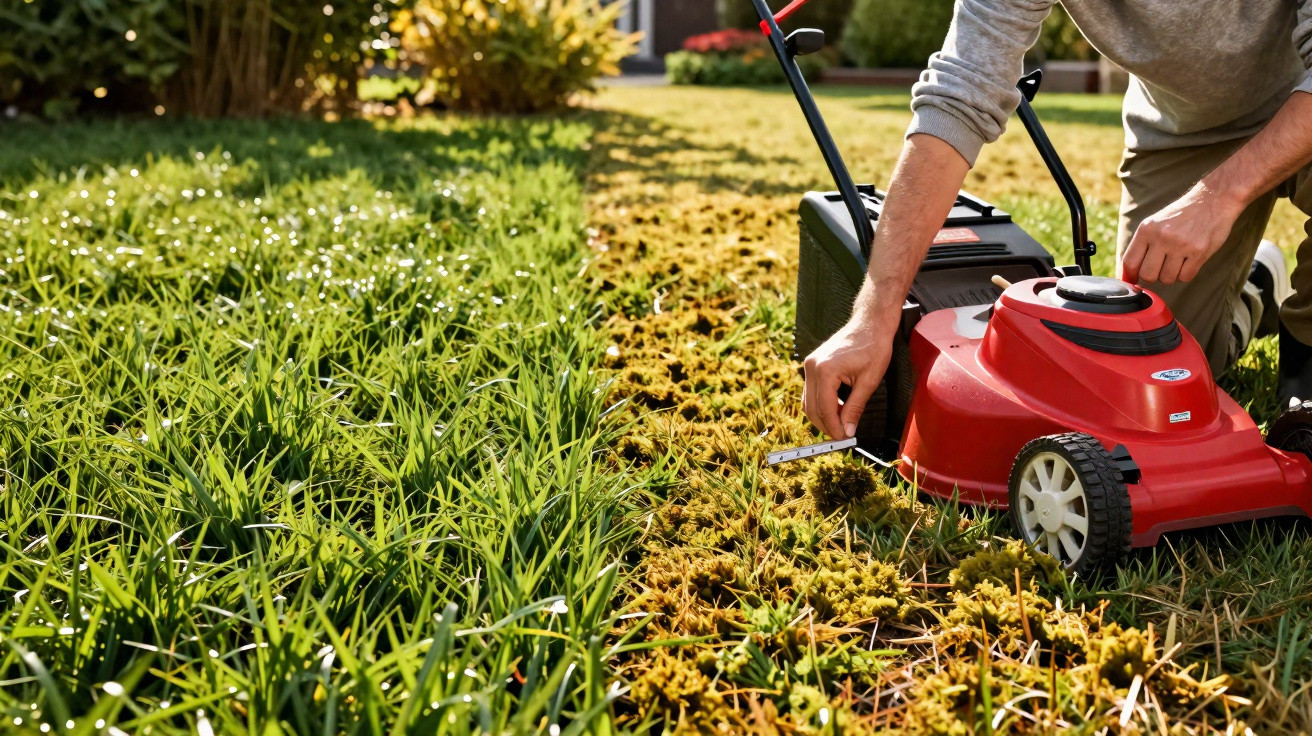Person cleaning moss from lawn next to red lawn mower on a sunny day.