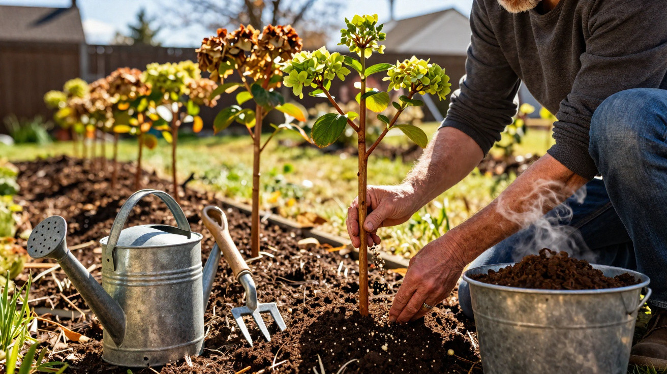 Person planting young hydrangea bushes in garden soil with watering can and gardening tools nearby.