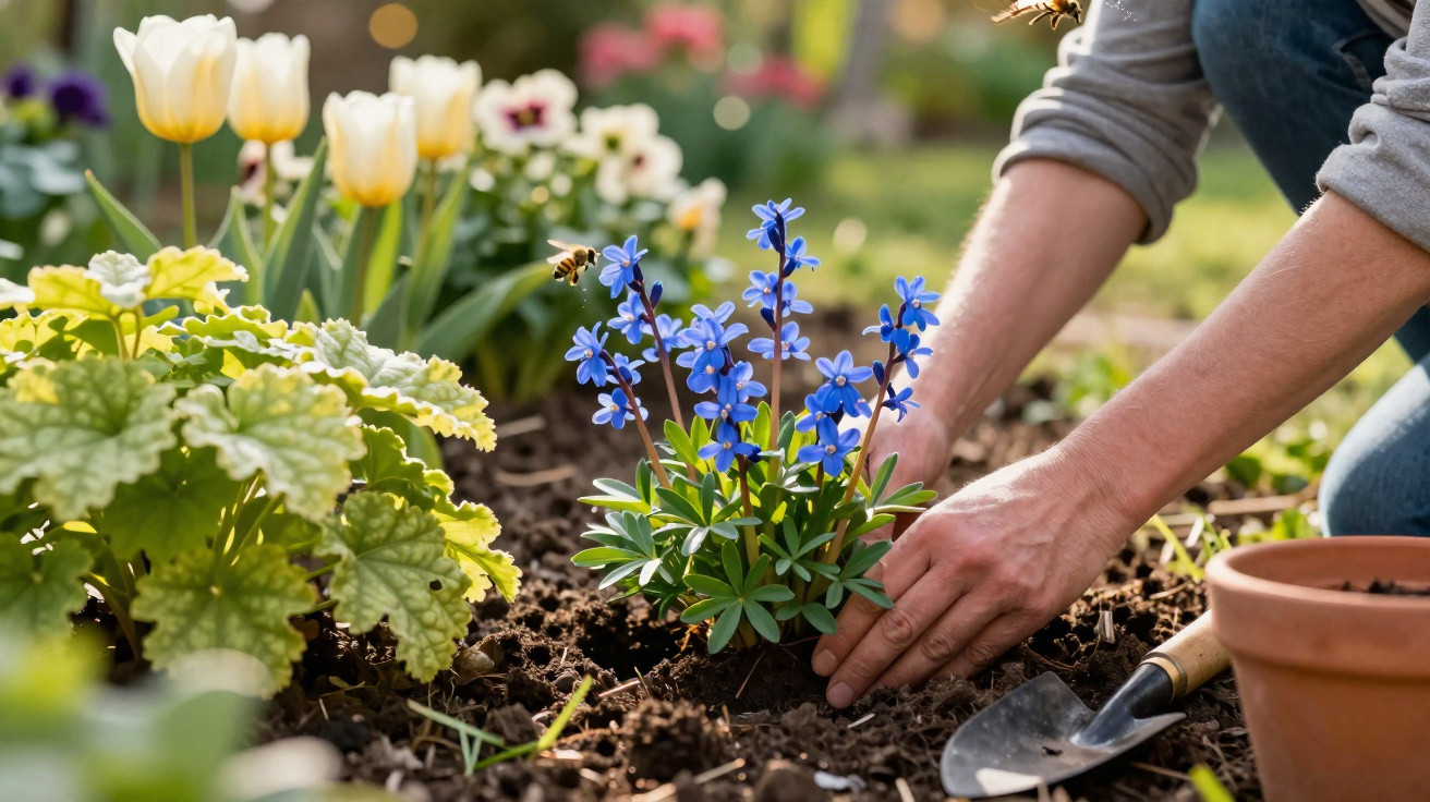 Hands planting blue flowers in soil with bees flying nearby in a vibrant garden setting.