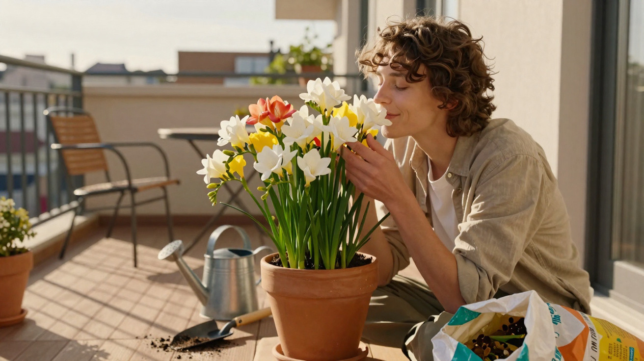 Person smelling colourful daffodils in a terracotta pot on a sunny balcony with gardening tools nearby.