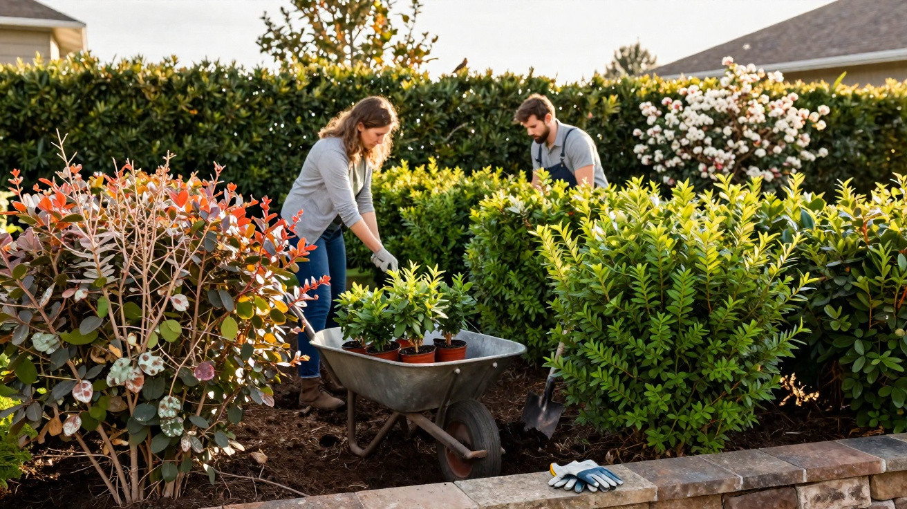 A man and woman gardening with plants and a wheelbarrow in a sunny residential garden.