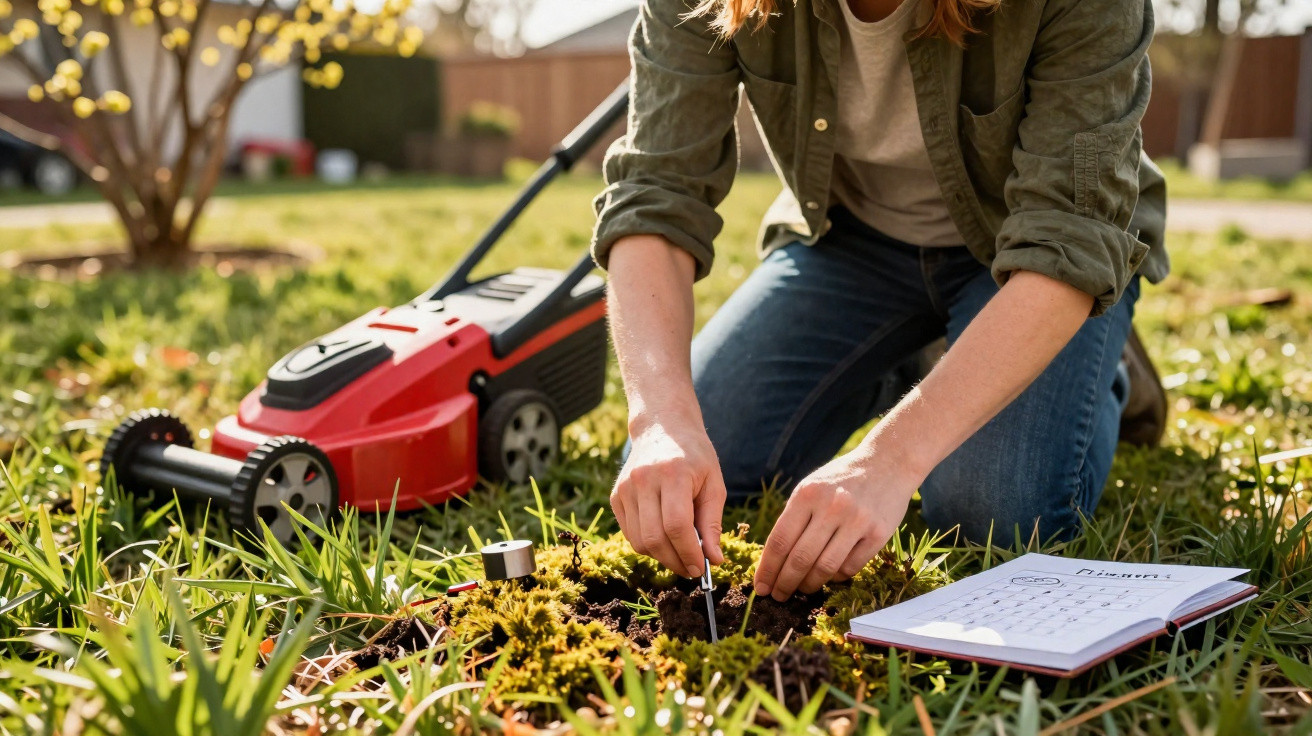 Person kneeling on grass using soil probes with an open notebook and red lawn mower nearby in a sunny garden.