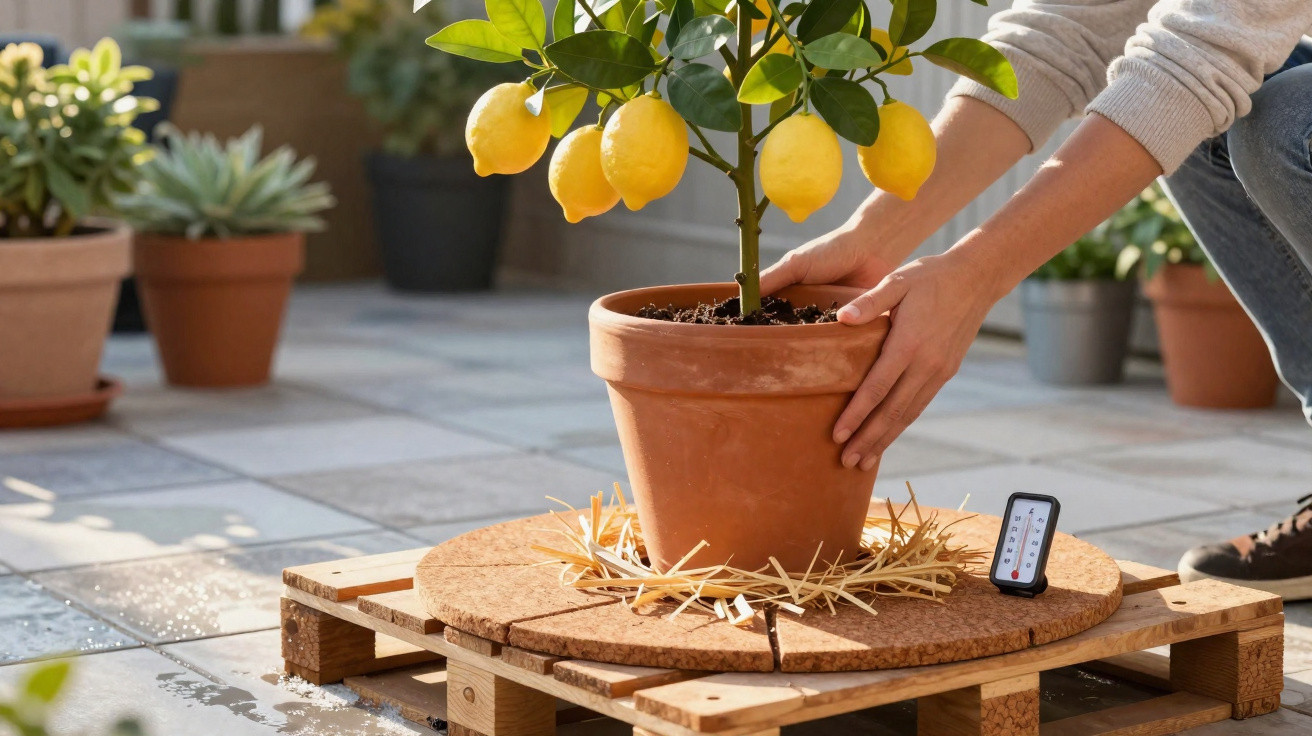 Person adjusting a potted lemon tree on a wooden pallet with a digital humidity thermometer outdoors.