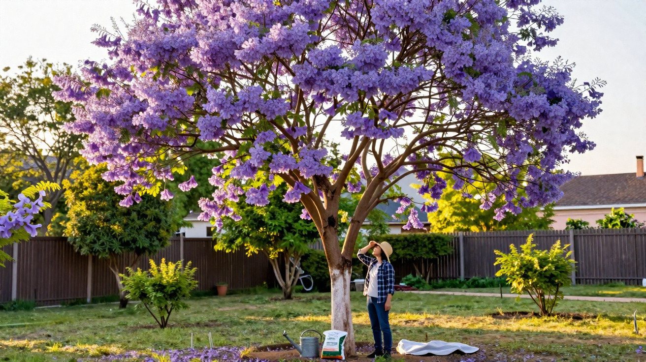 Person wearing a hat standing under a large jacaranda tree with purple blossoms in a backyard garden.