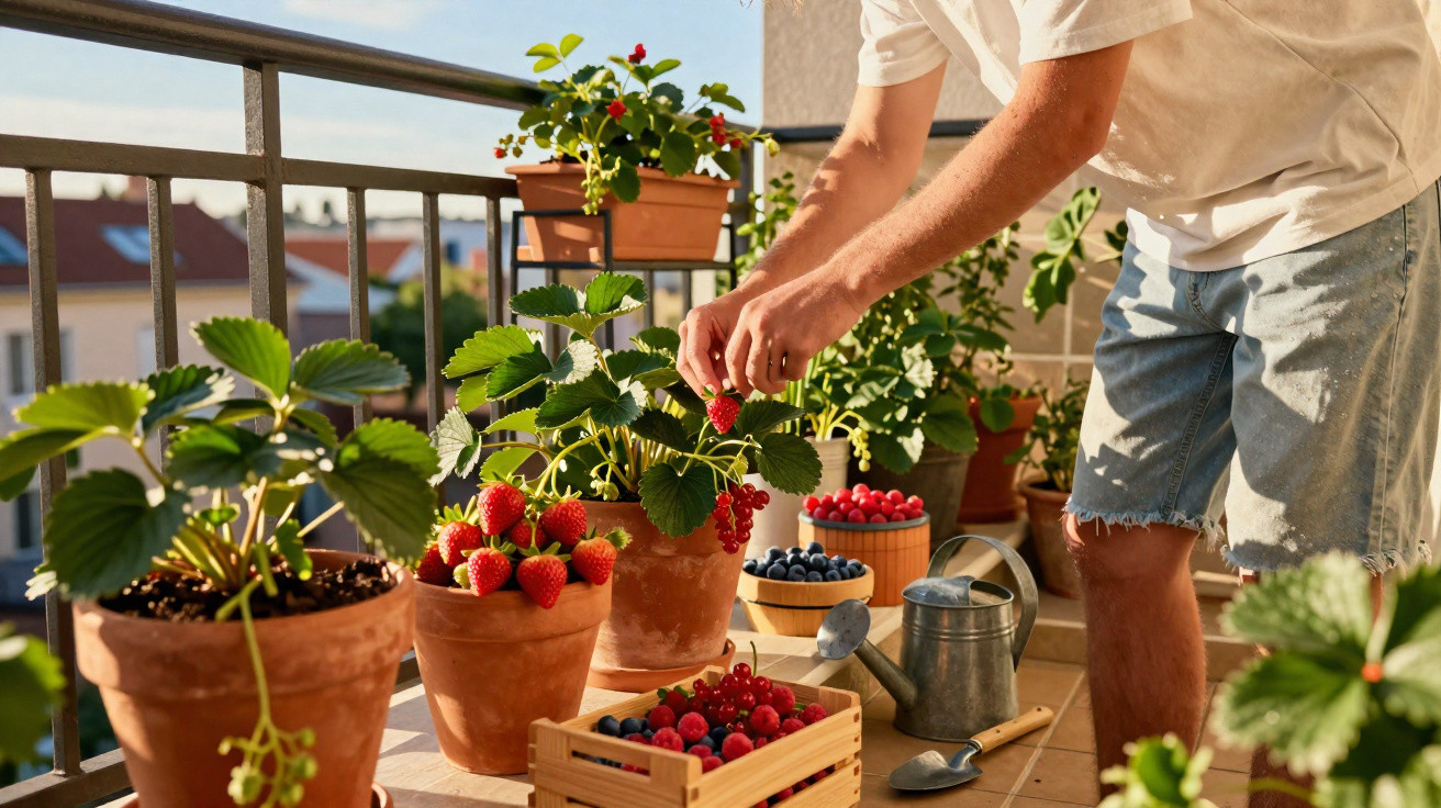 Person picking red berries from potted plants on a sunny balcony with various fruits and gardening tools.