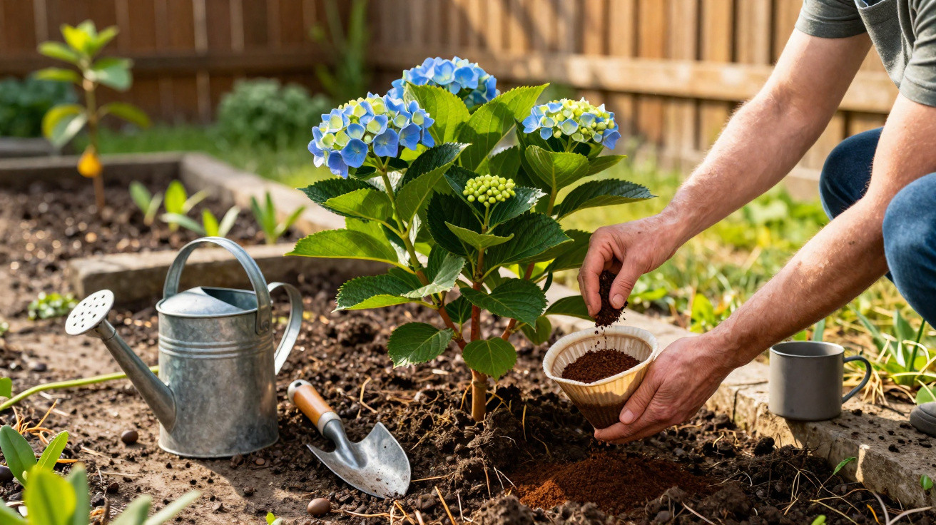 Person fertilising a blue hydrangea plant in a garden bed with gardening tools nearby.