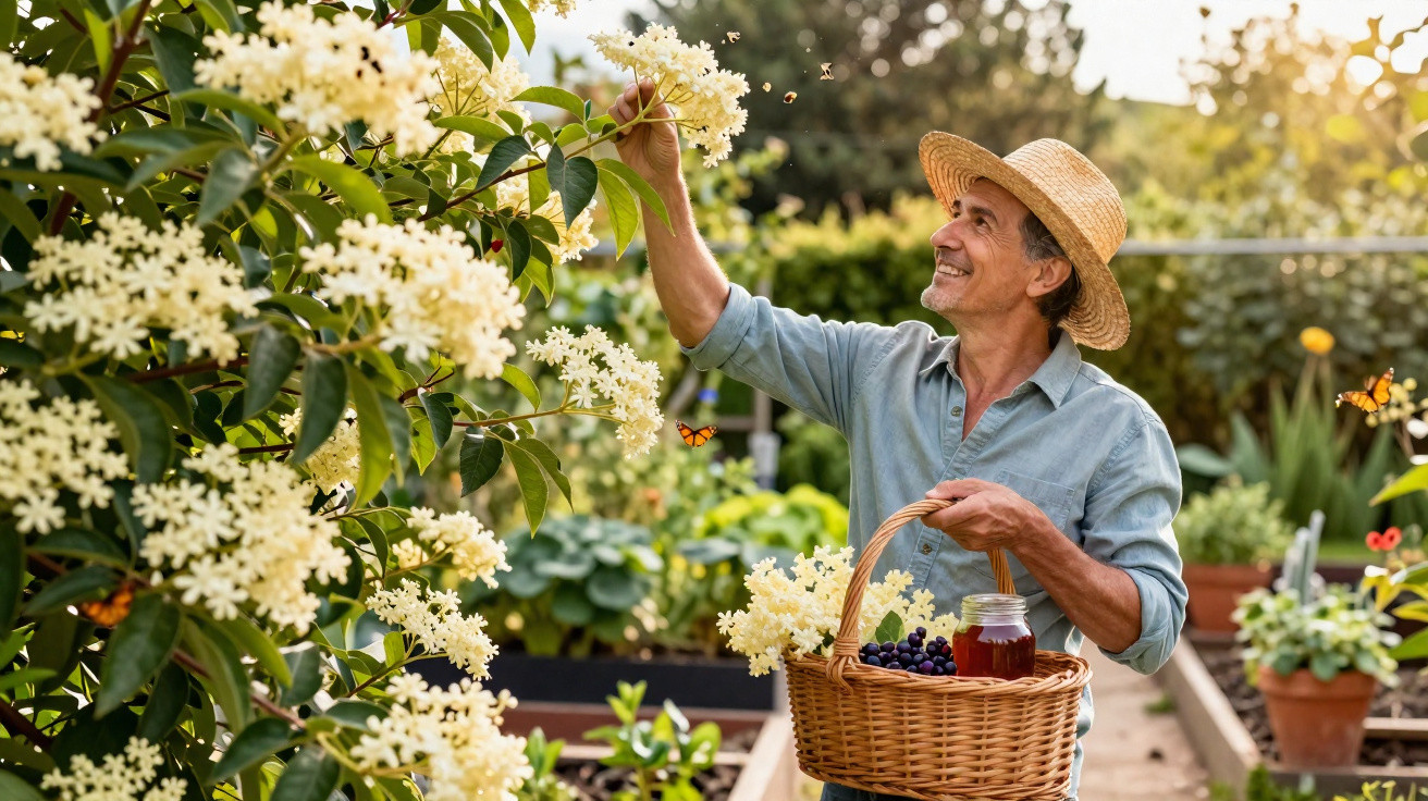 Man in a straw hat picking white flowers into a basket in a sunny garden with butterflies nearby.